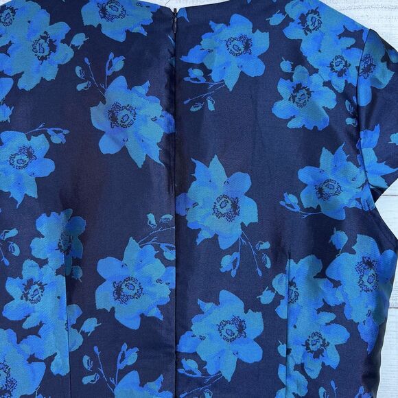 Lulus Navy Blue Satin Mini Dress Teal Cap Sleeve Pleated Floral Fit n Fl… - Picture 8 of 10